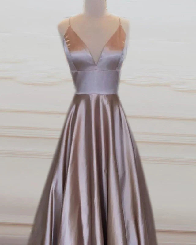 A-line V Neck Satin Gowns Long Prom Dresses